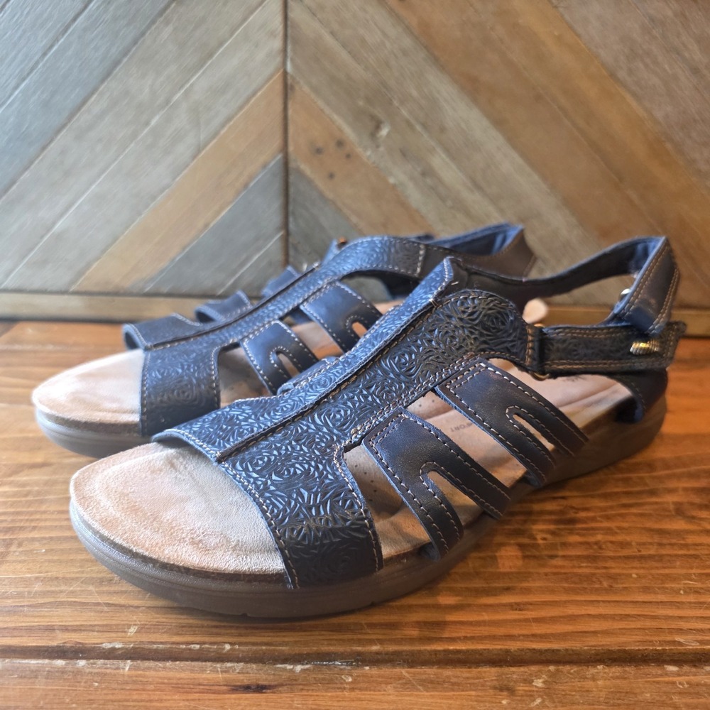 Clarks Collection Shoes Women's Size 11 Wide Navy Blue Leather Sandals Comfort
